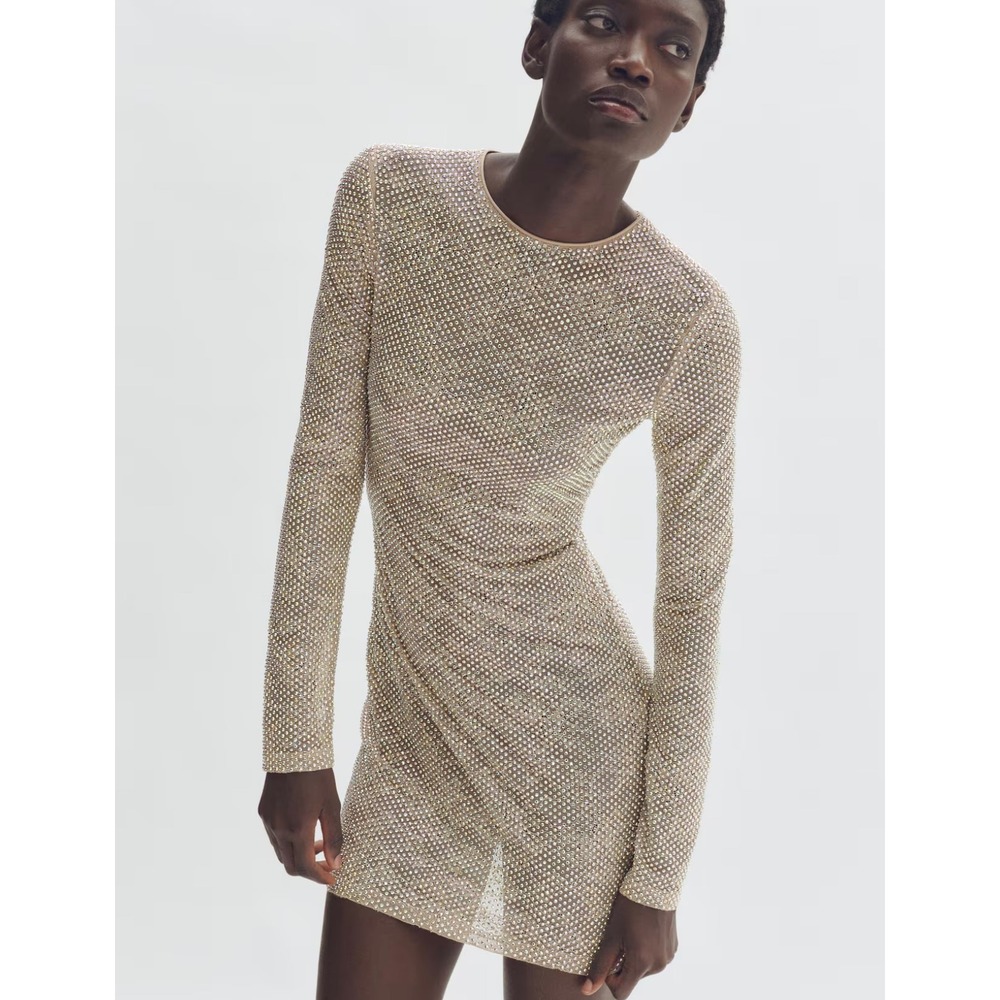 Stella McCartney x HM Rhinestone Mesh Mini Dress Beige Iridescent Long Sleeve